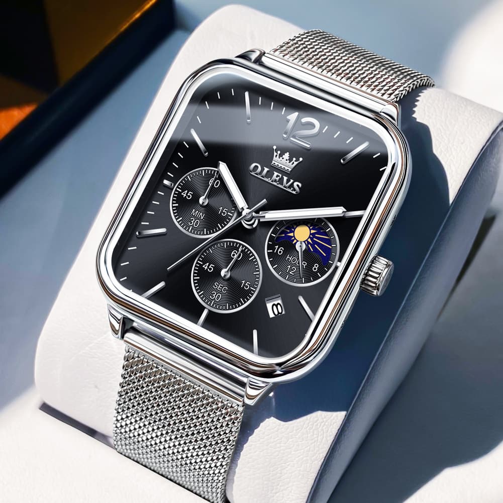OLEVS 9914 Square Case Moon Phase Chronograph Watch for Men - Silver Mesh Black Dial Watch | Olevs Watch Store