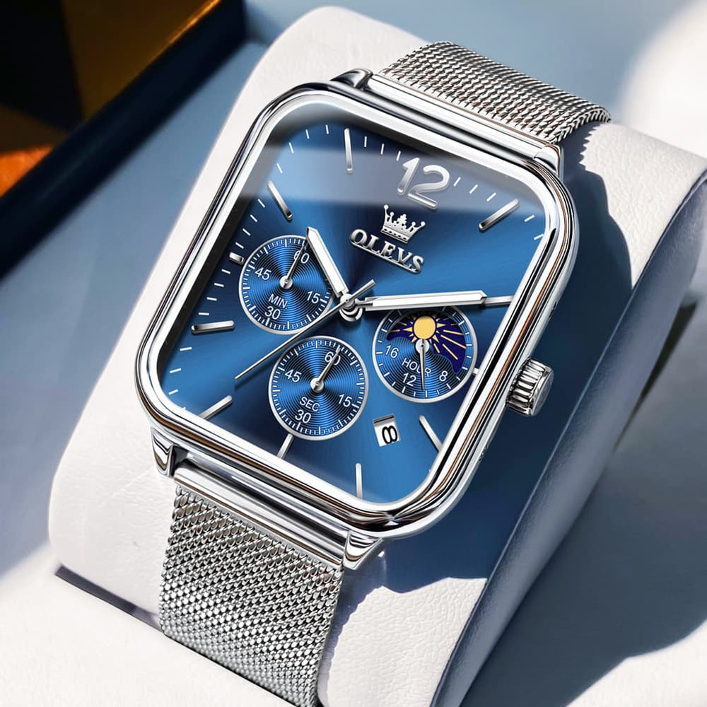 OLEVS 9914 Square Case Moon Phase Chronograph Watch for Men - Silver Mesh Blue Dial Watch | Olevs Watch Store