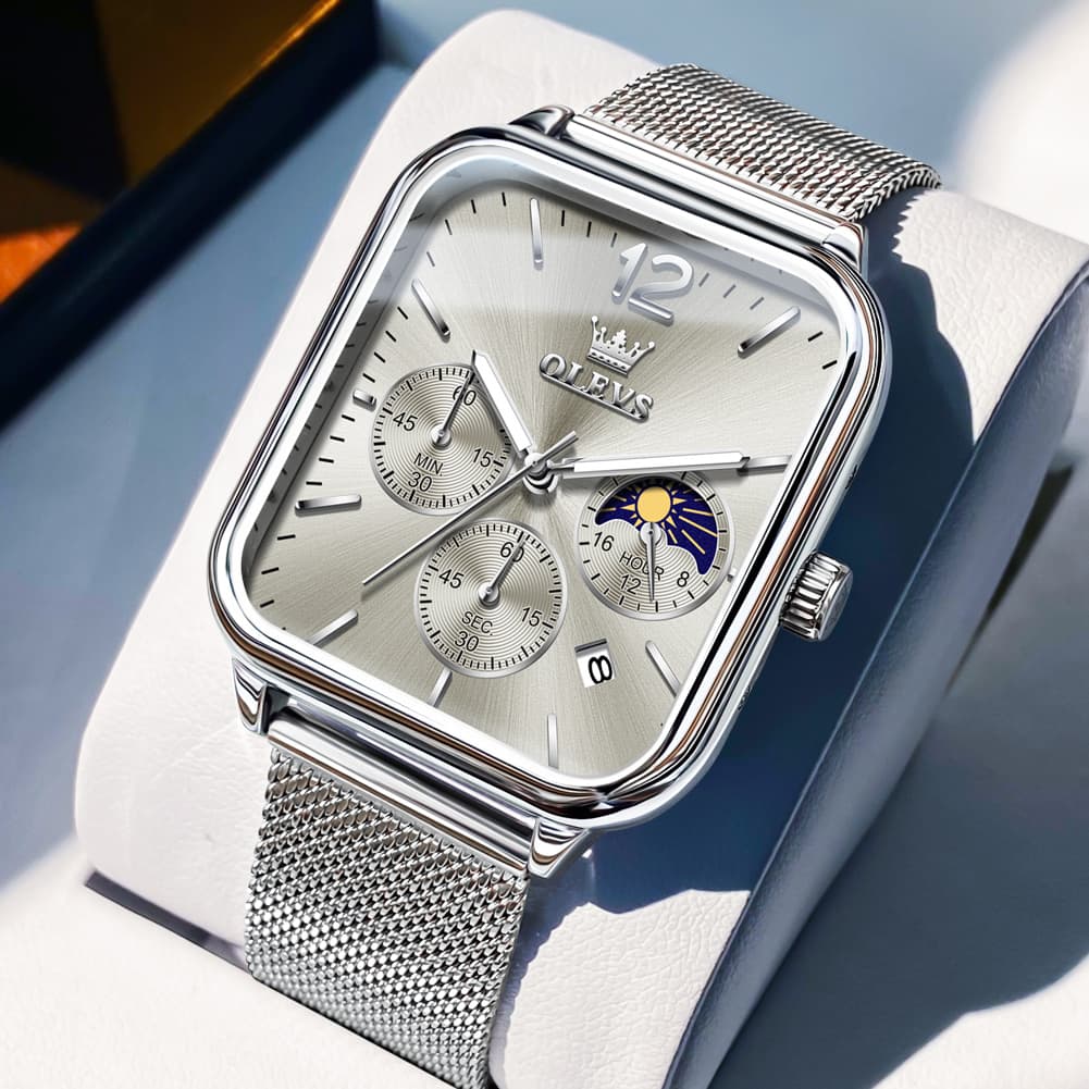 OLEVS 9914 Square Case Moon Phase Chronograph Watch for Men - Silver Mesh Gray Dial Watch | Olevs Watch Store