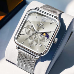 OLEVS 9914 Square Case Moon Phase Chronograph Watch for Men - Silver Mesh Gray Dial Watch | Olevs Watch Store