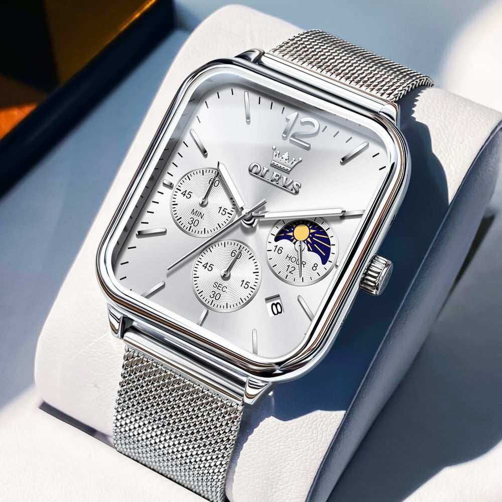 OLEVS 9914 Square Case Moon Phase Chronograph Watch for Men - Silver Mesh White Dial Watch | Olevs Watch Store