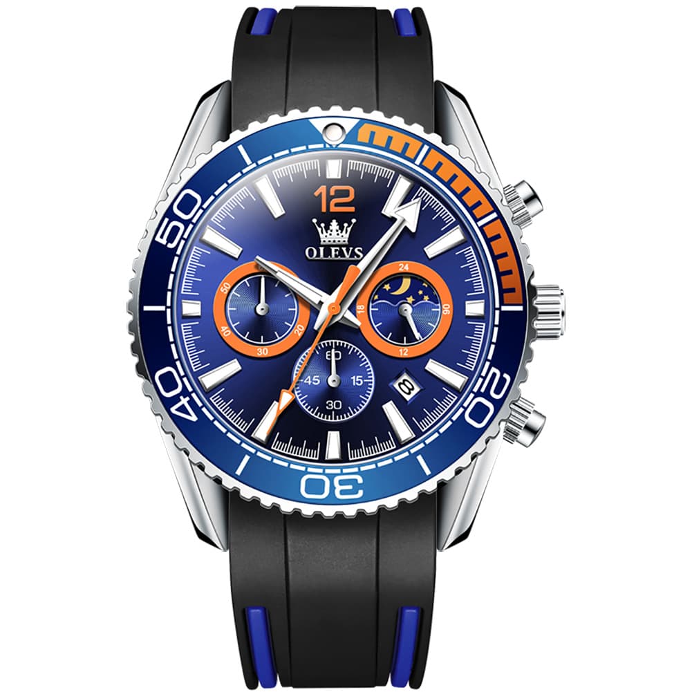 OLEVS 9916 Silicone Strap Moon Phase Chronograph Watch for Men - Blue Orange Silicone Watch | Olevs Watch Store