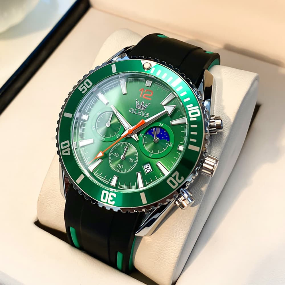 OLEVS 9916 Silicone Strap Moon Phase Chronograph Watch for Men - Green Orange Silicone Watch | Olevs Watch Store