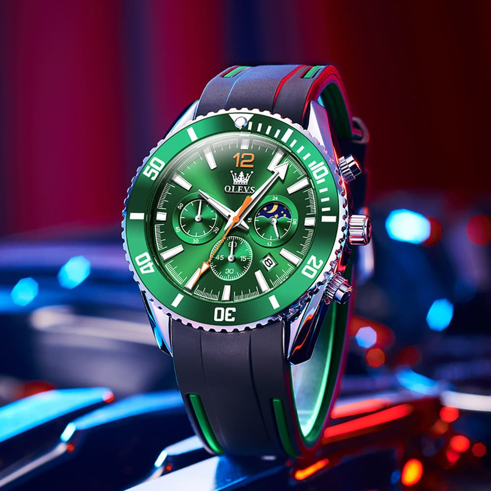 OLEVS 9916 Silicone Strap Moon Phase Chronograph Watch for Men - Green Orange Silicone Watch | Olevs Watch Store