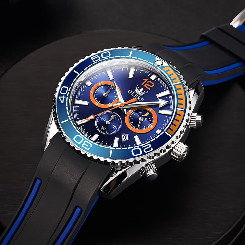 OLEVS 9916 Silicone Strap Moon Phase Chronograph Watch for Men - Green Orange Silicone Watch | Olevs Watch Store