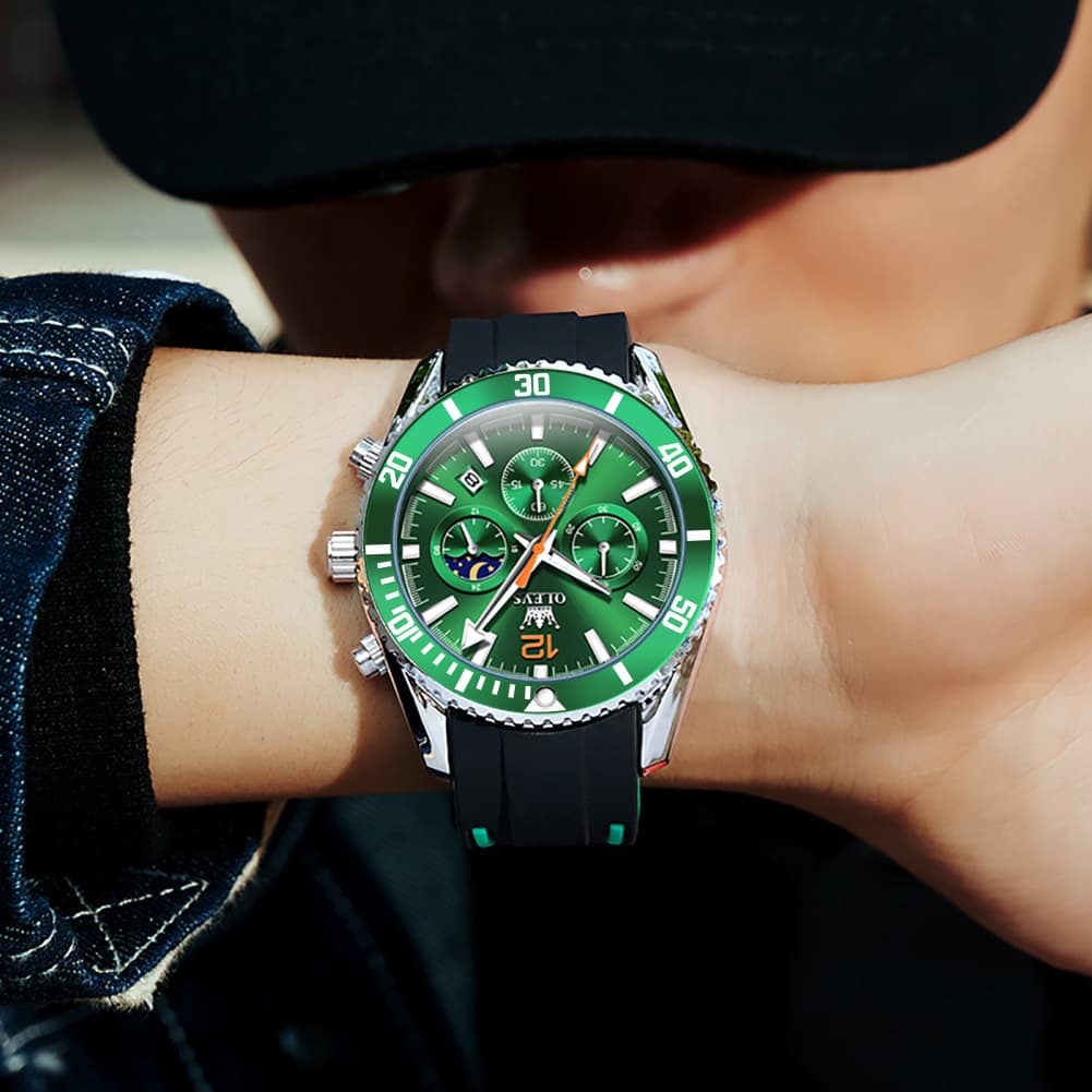 OLEVS 9916 Silicone Strap Moon Phase Chronograph Watch for Men - Green Orange Silicone Watch | Olevs Watch Store