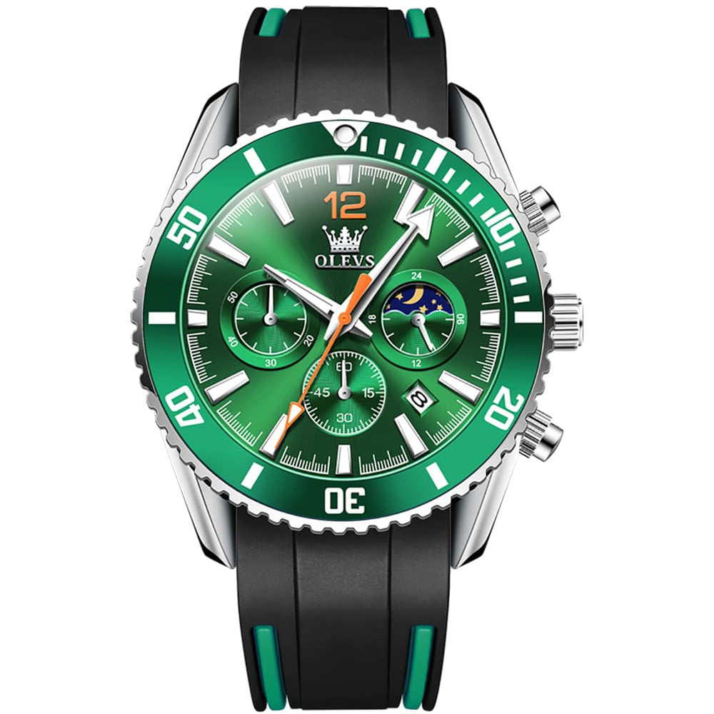 OLEVS 9916 Silicone Strap Moon Phase Chronograph Watch for Men - Green Orange Silicone Watch | Olevs Watch Store