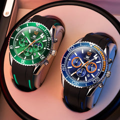 OLEVS 9916 Silicone Strap Moon Phase Chronograph Watch for Men - Green Orange Silicone Watch | Olevs Watch Store