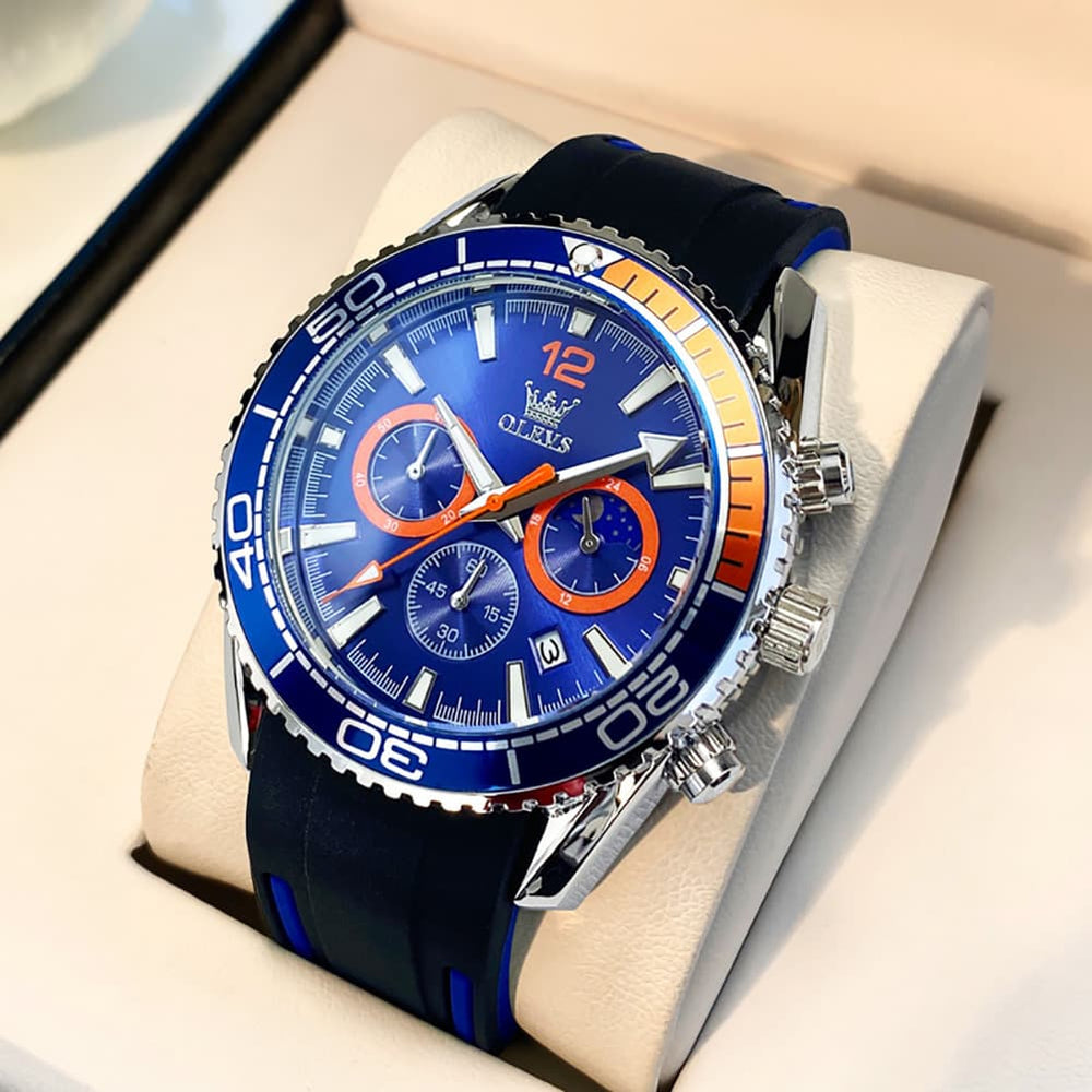 OLEVS 9916 Silicone Strap Moon Phase Chronograph Watch for Men - Green Orange Silicone Watch | Olevs Watch Store