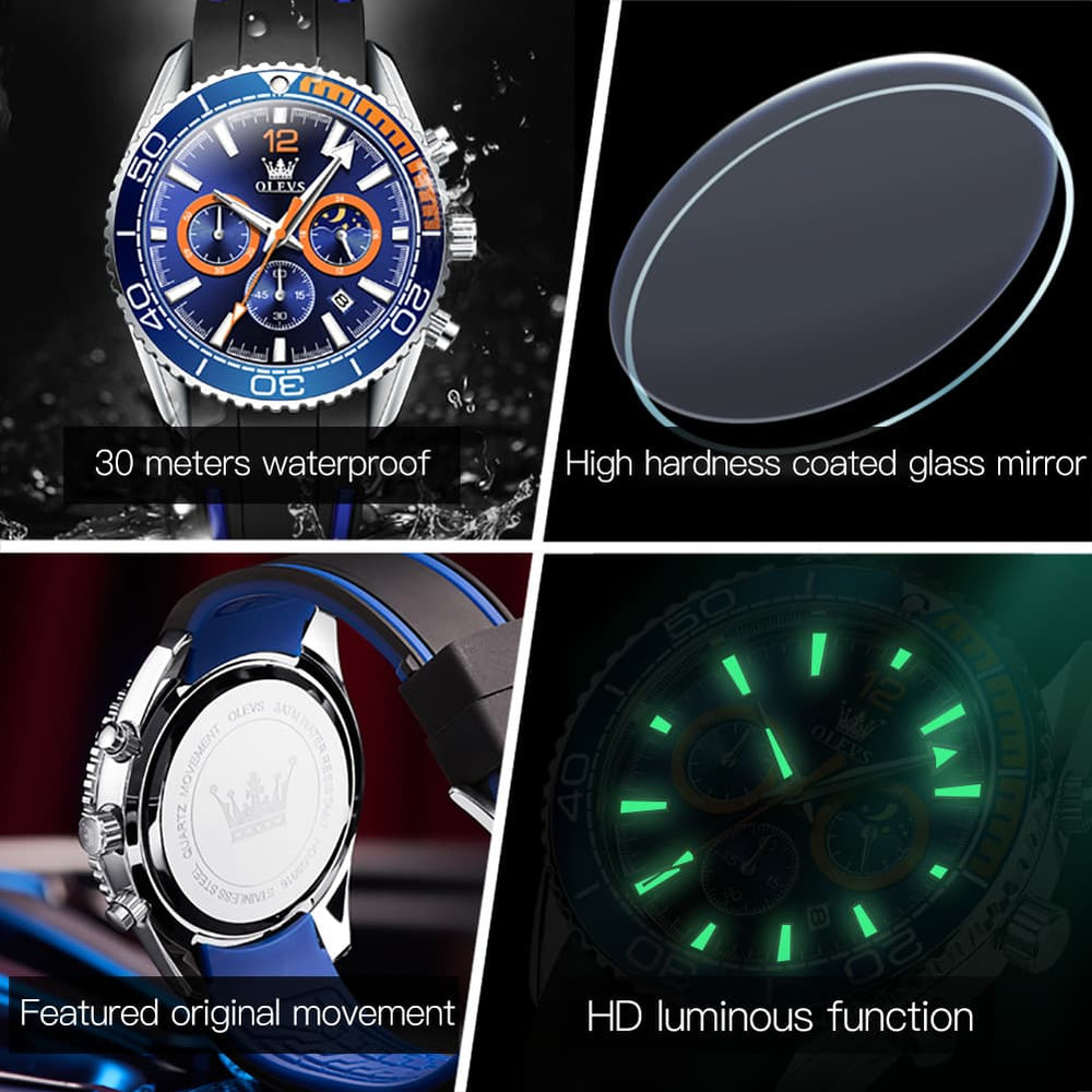 OLEVS 9916 Silicone Strap Moon Phase Chronograph Watch for Men - Green Orange Silicone Watch | Olevs Watch Store