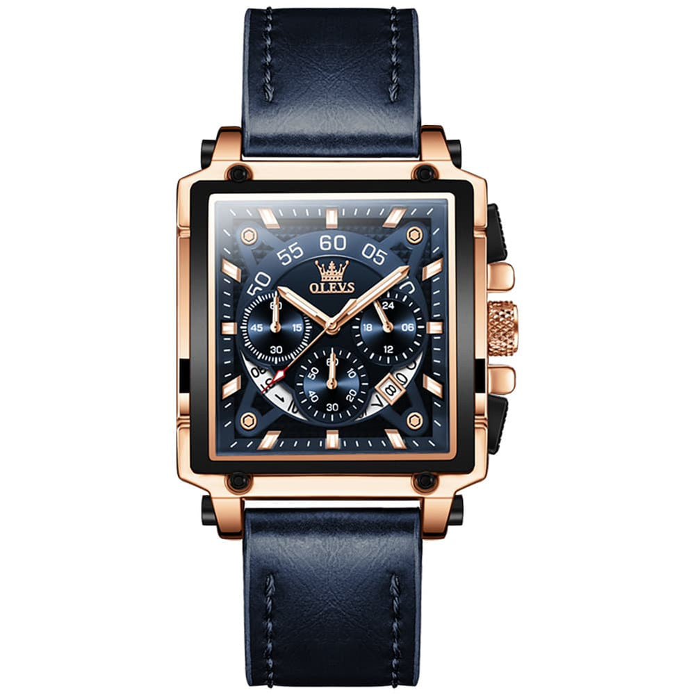 OLEVS 9919 Large Square Chronograph Leather Watch for Men - Rose Gold Blue Leather Watch | Olevs Watch Store