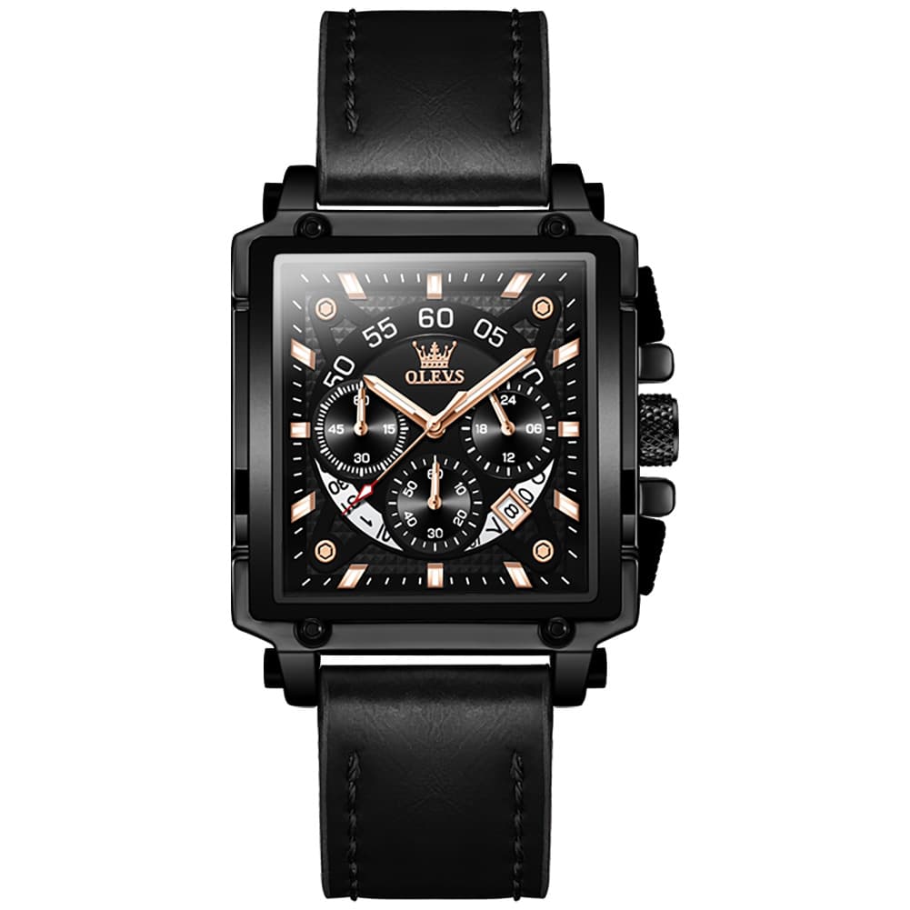 OLEVS 9919 Large Square Chronograph Leather Watch for Men - Rose Gold Blue Leather Watch | Olevs Watch Store