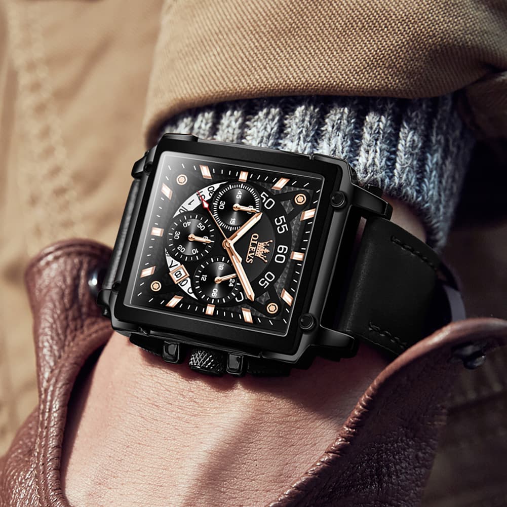 OLEVS 9919 Large Square Chronograph Leather Watch for Men - Rose Gold Blue Leather Watch | Olevs Watch Store
