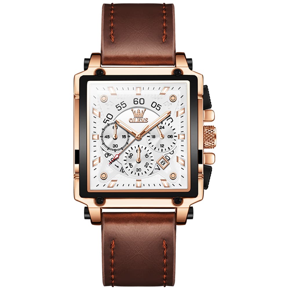 OLEVS 9919 Large Square Chronograph Leather Watch for Men - Rose Gold Blue Leather Watch | Olevs Watch Store