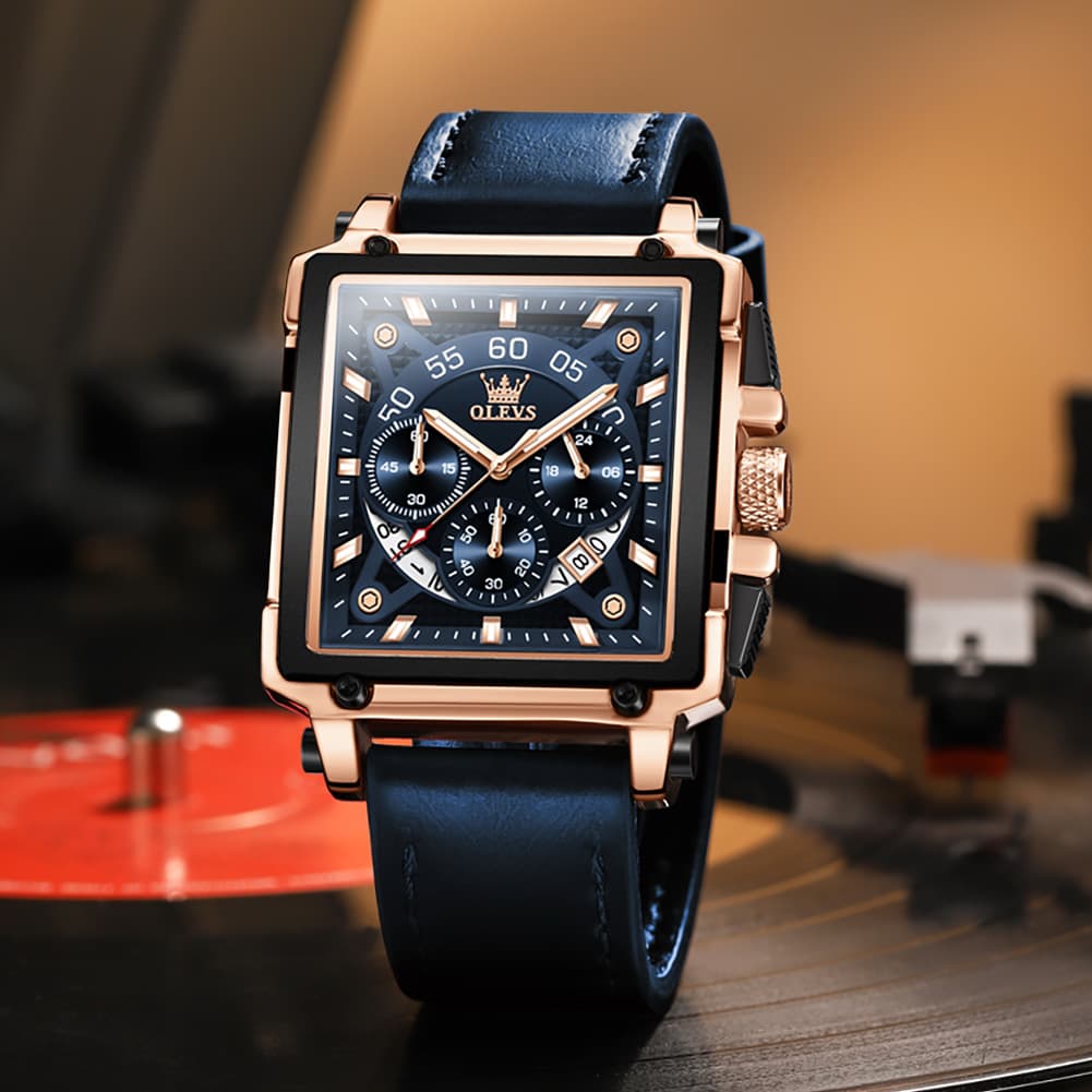 OLEVS 9919 Large Square Chronograph Leather Watch for Men - Rose Gold Blue Leather Watch | Olevs Watch Store