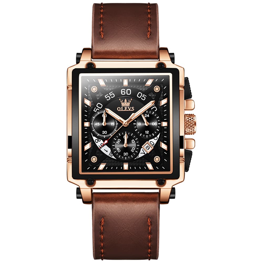 OLEVS 9919 Large Square Chronograph Leather Watch for Men - Rose Gold Blue Leather Watch | Olevs Watch Store