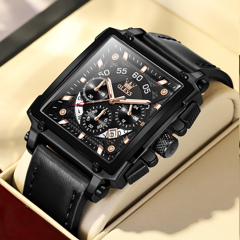 OLEVS 9919 Large Square Chronograph Leather Watch for Men - All Black Leather Watch | Olevs Watch Store