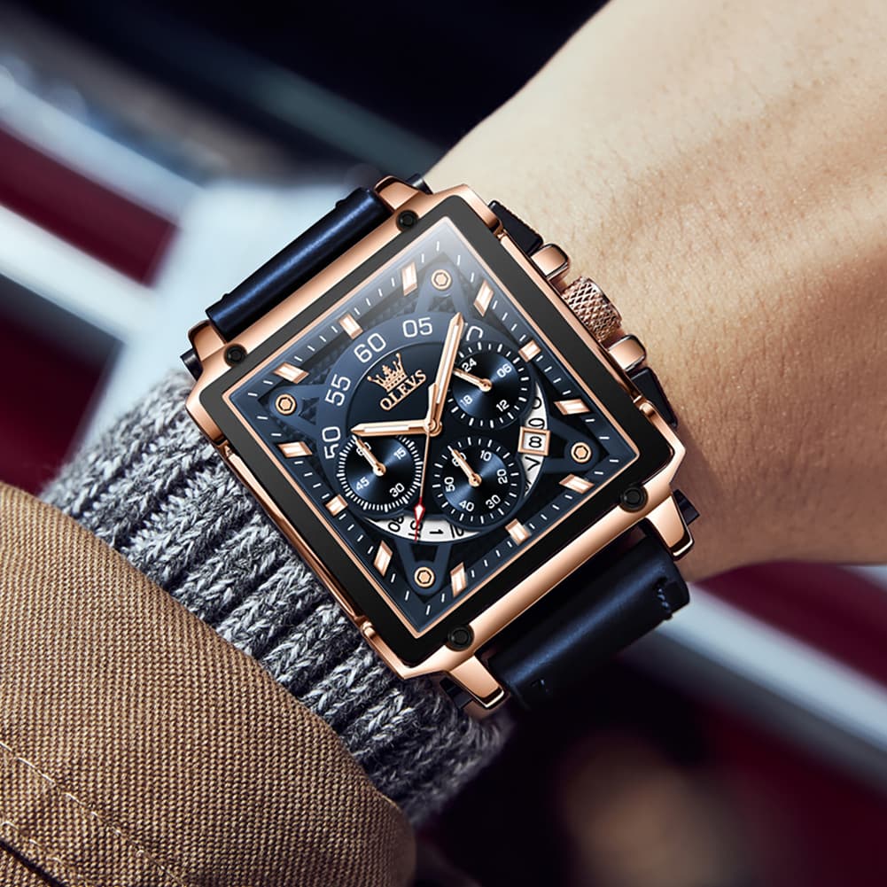 OLEVS 9919 Large Square Chronograph Leather Watch for Men - Rose Gold Blue Leather Watch | Olevs Watch Store