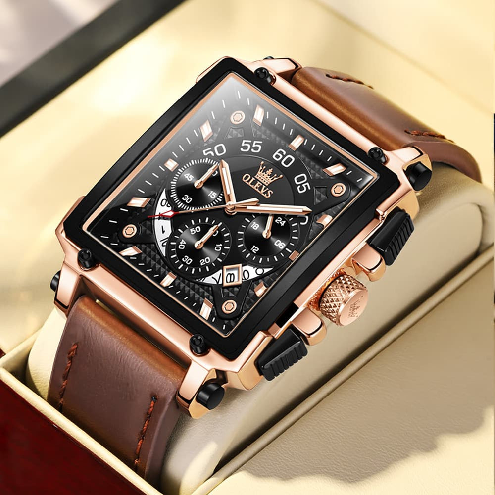 OLEVS 9919 Large Square Chronograph Leather Watch for Men - Rose Gold Black Leather Watch | Olevs Watch Store