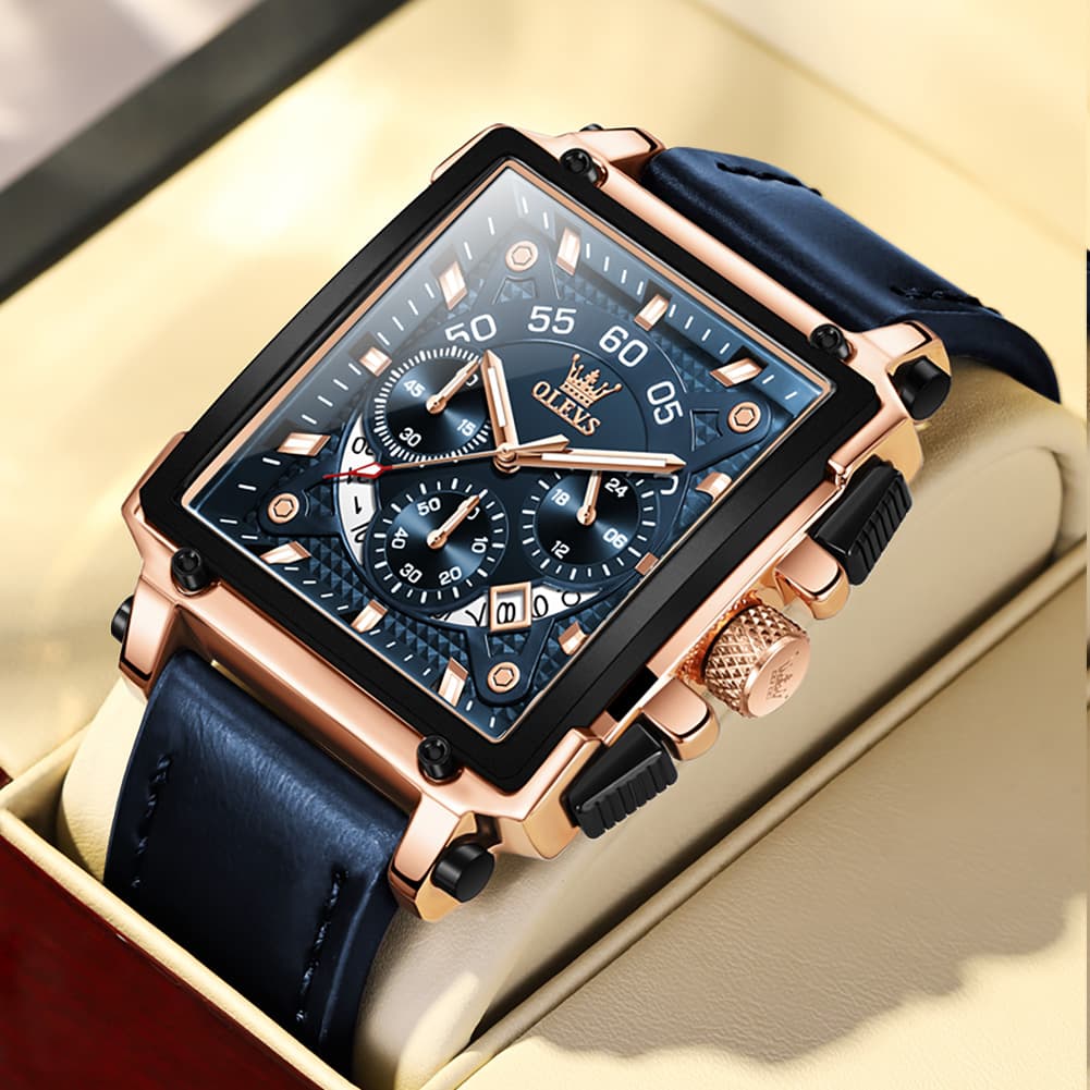 OLEVS 9919 Large Square Chronograph Leather Watch for Men - Rose Gold Blue Leather Watch | Olevs Watch Store