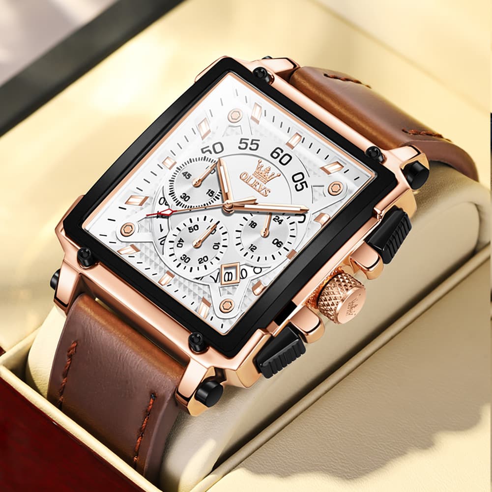 OLEVS 9919 Large Square Chronograph Leather Watch for Men - Rose Gold White Leather Watch | Olevs Watch Store