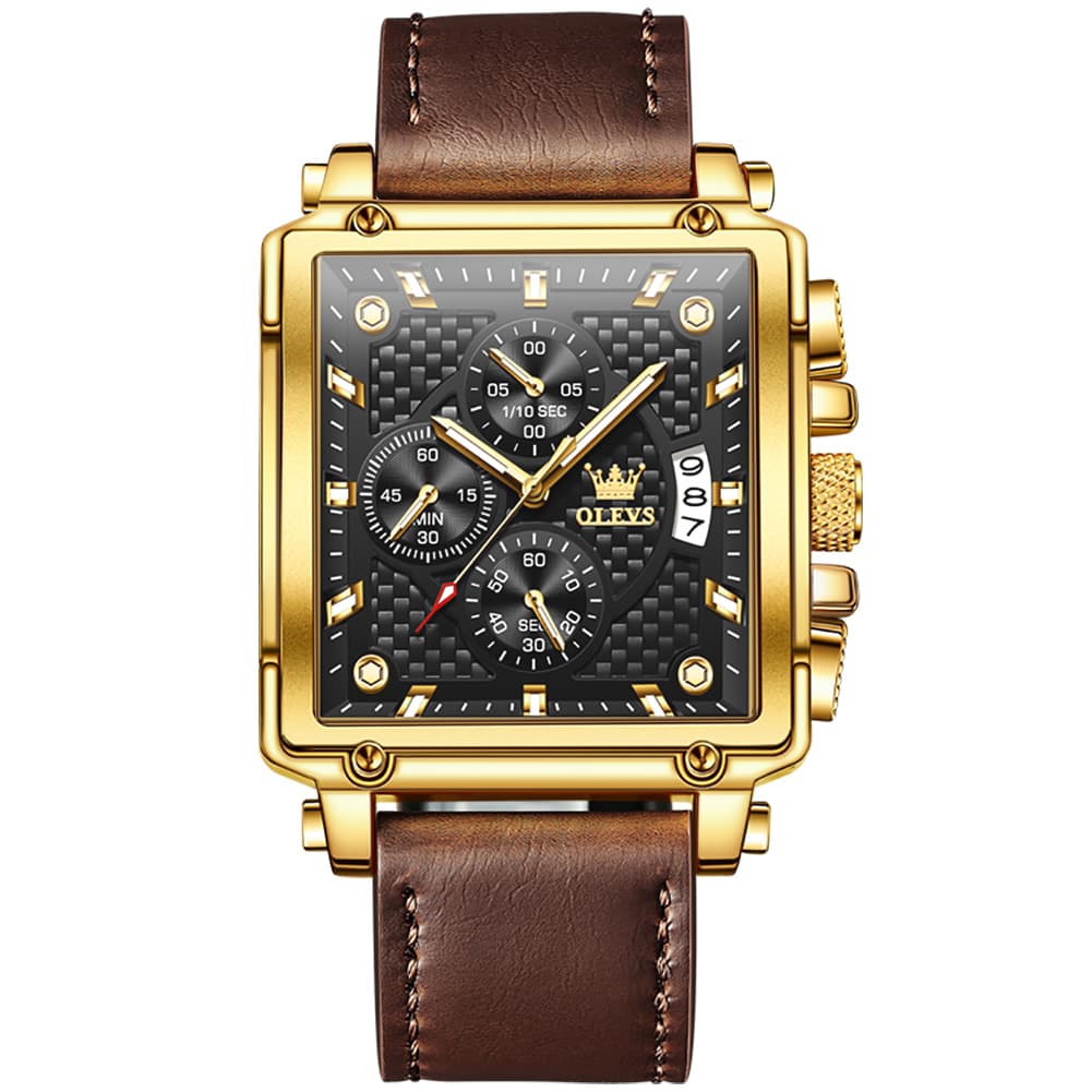 OLEVS 9925 Riveted Square Chronograph Watch for Men - Black Leather Black Dial Watch | Olevs Watch Store