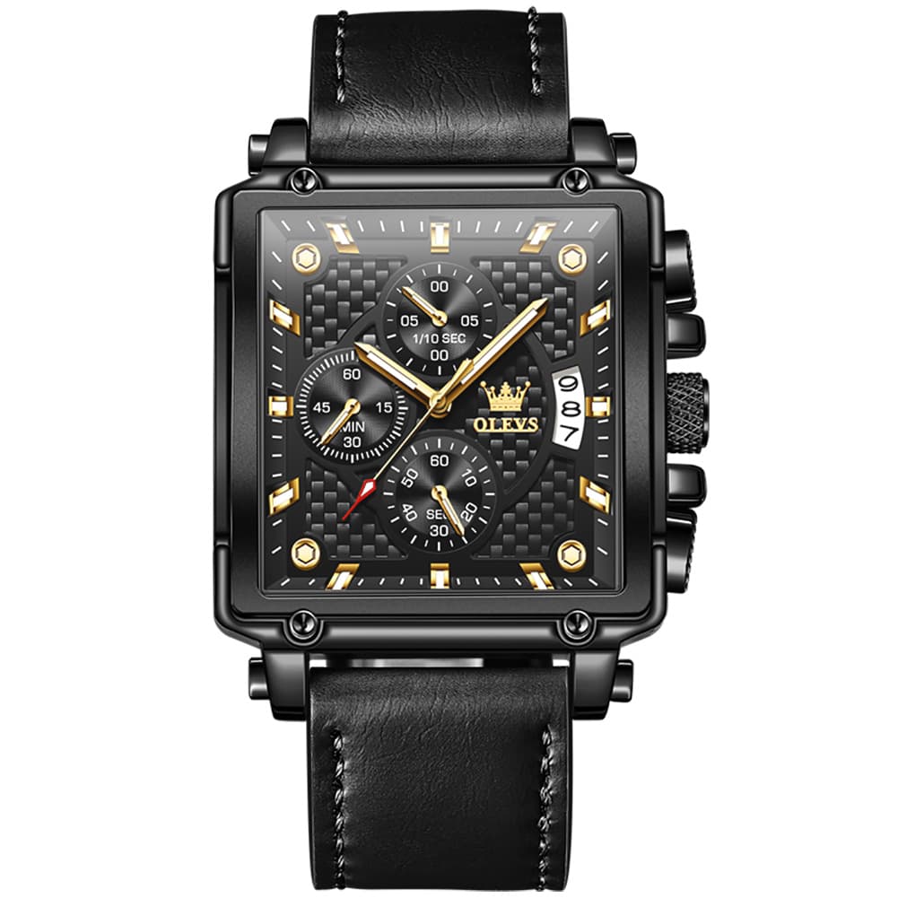 OLEVS 9925 Riveted Square Chronograph Watch for Men - Black Leather Black Dial Watch | Olevs Watch Store