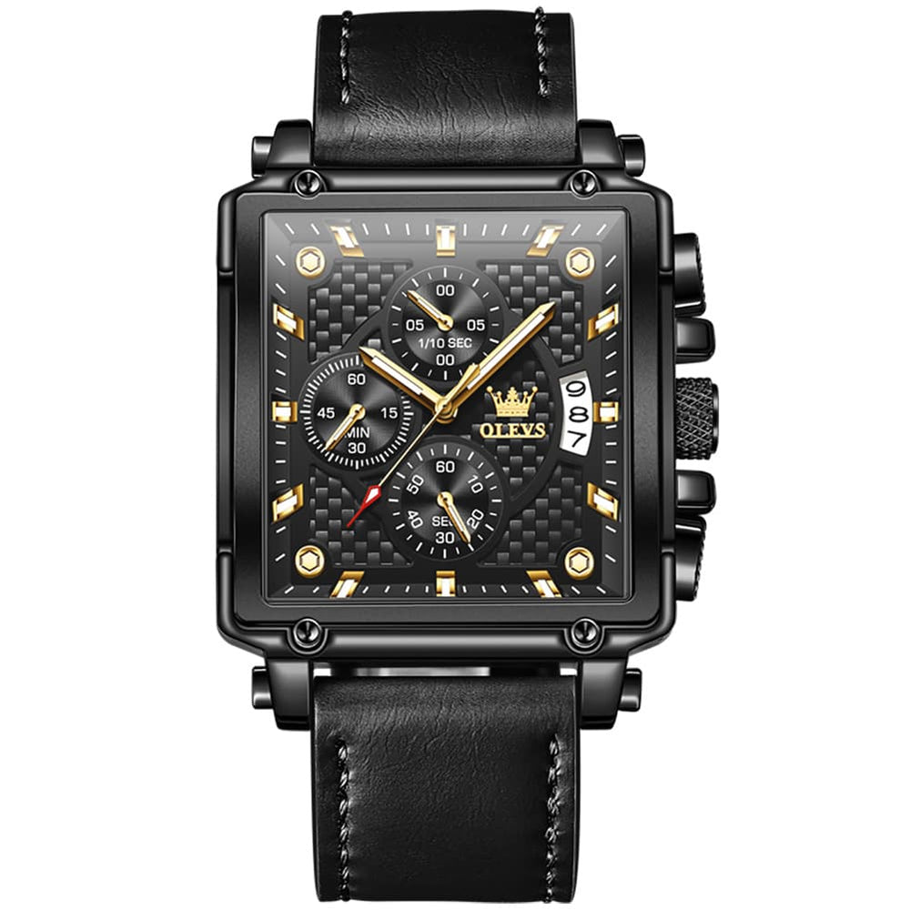 OLEVS 9925 Riveted Square Chronograph Watch for Men - Black Leather Black Dial Watch | Olevs Watch Store