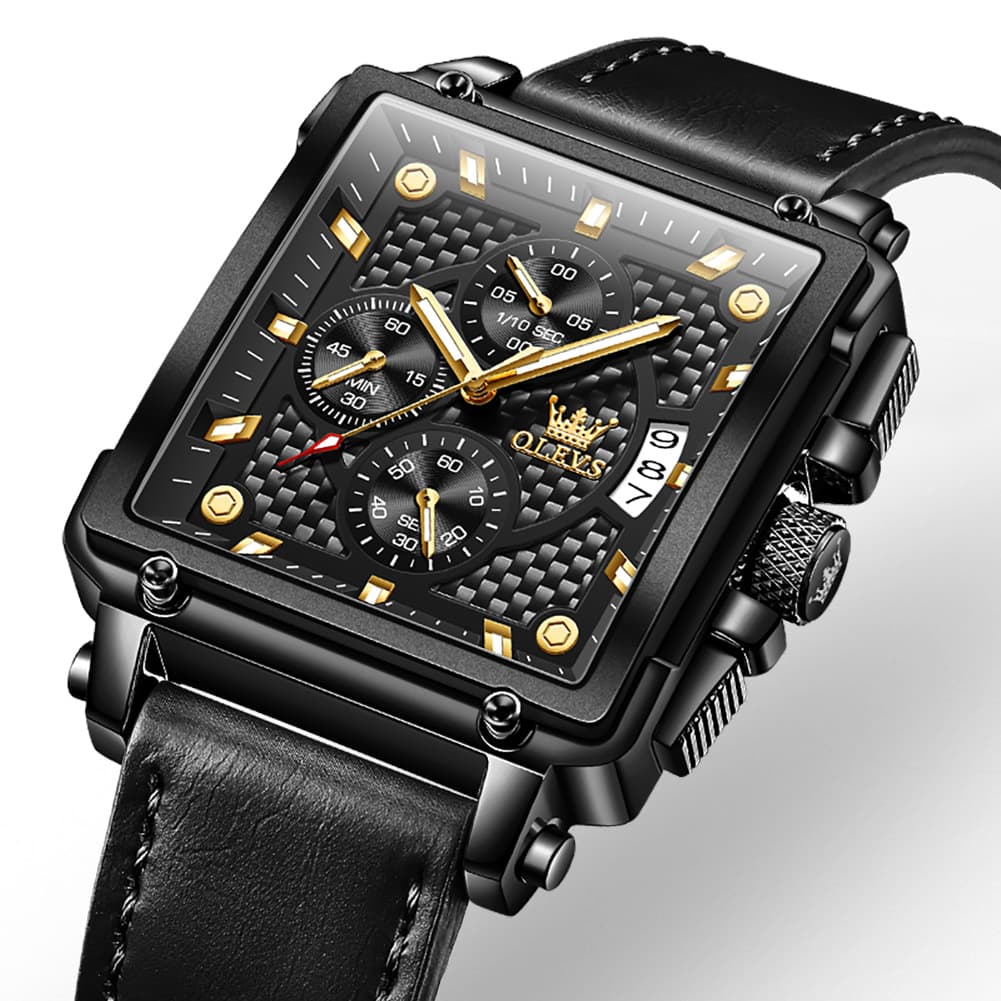 OLEVS 9925 Riveted Square Chronograph Watch for Men - Black Leather Black Dial Watch | Olevs Watch Store
