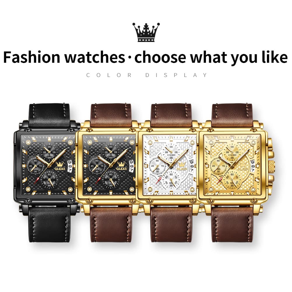 OLEVS 9925 Riveted Square Chronograph Watch for Men - Black Leather Black Dial Watch | Olevs Watch Store