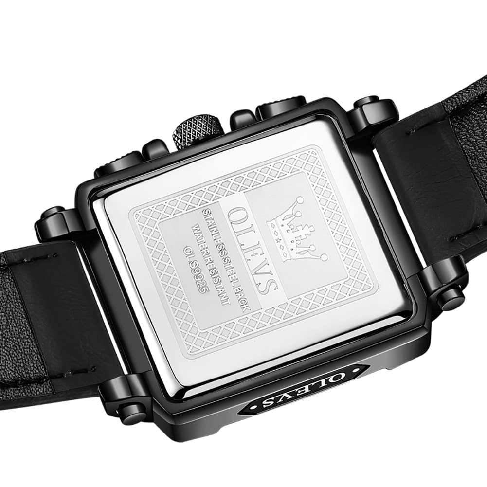 OLEVS 9925 Riveted Square Chronograph Watch for Men - Black Leather Black Dial Watch | Olevs Watch Store