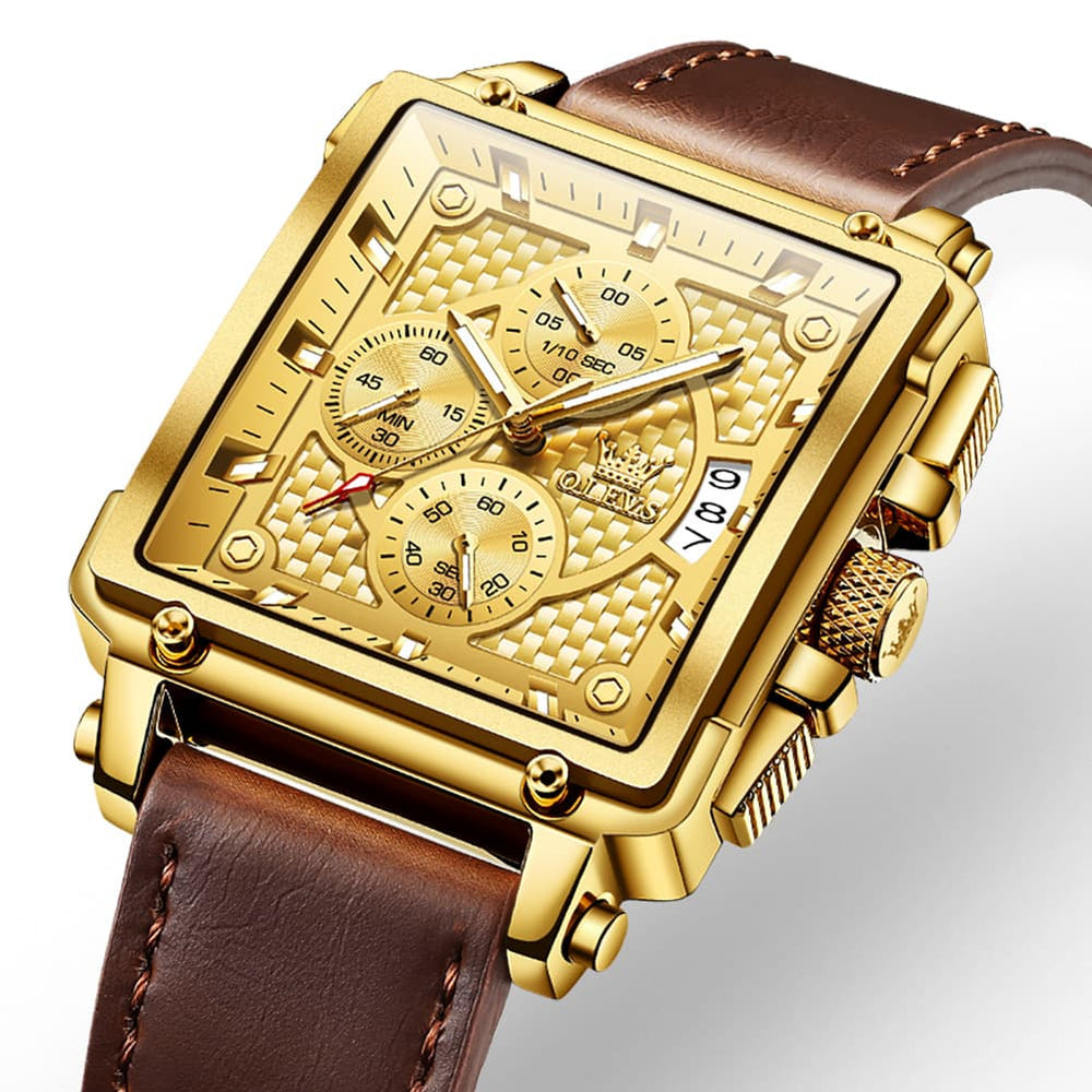 OLEVS 9925 Riveted Square Chronograph Watch for Men - Brown Leather Gold Dial Watch | Olevs Watch Store