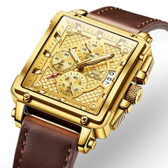 OLEVS 9925 Riveted Square Chronograph Watch for Men - Brown Leather Gold Dial Watch | Olevs Watch Store