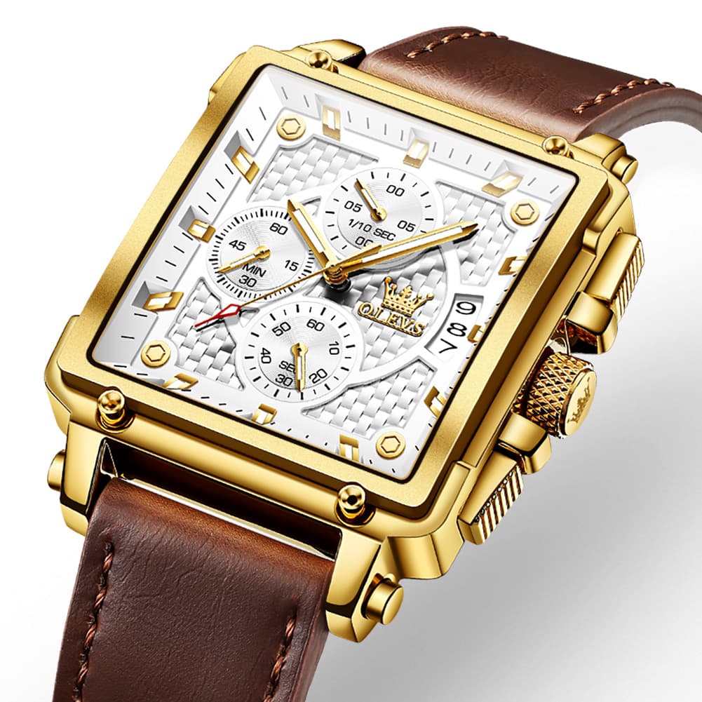 OLEVS 9925 Riveted Square Chronograph Watch for Men - Brown Leather White Dial Watch | Olevs Watch Store