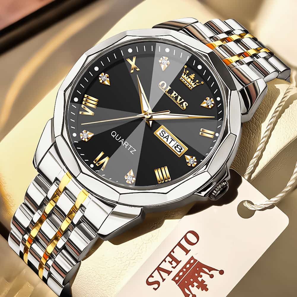 OLEVS 9931 Classic Diamond Stainless Steel Watch for Men - Silver Black Watch | Olevs Watch Store