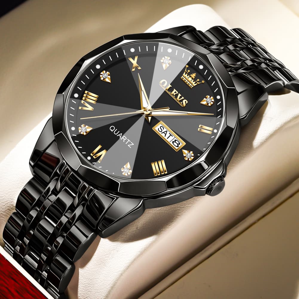 OLEVS 9931 Classic Diamond Stainless Steel Watch for Men - Silver Black Watch | Olevs Watch Store