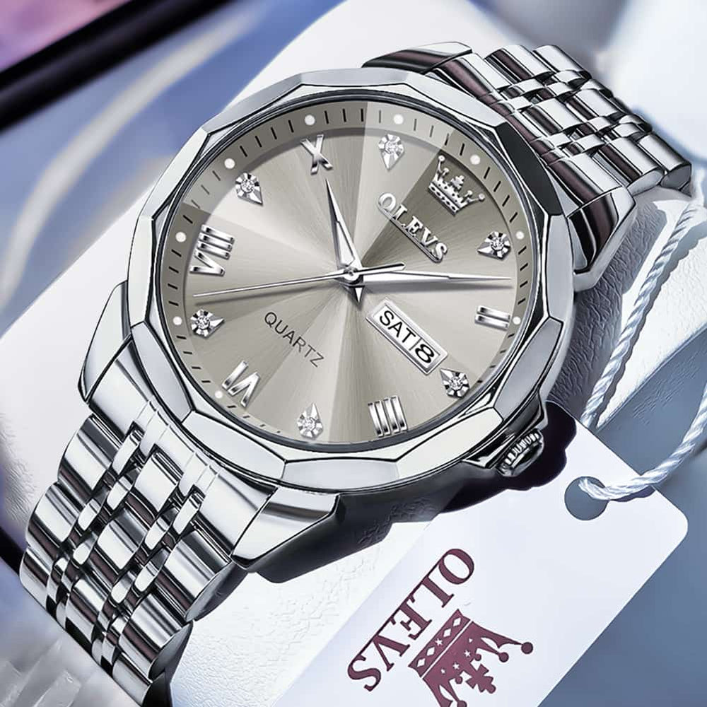 OLEVS 9931 Classic Diamond Stainless Steel Watch for Men - Silver Black Watch | Olevs Watch Store