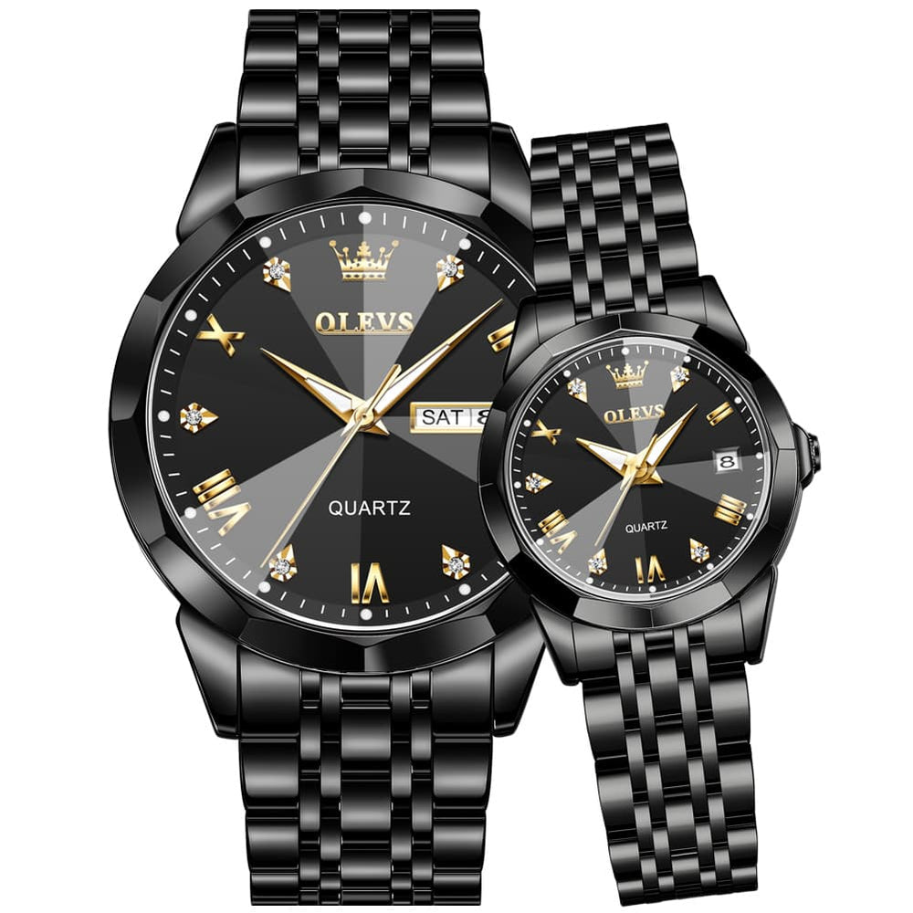 OLEVS 9931 Diamond Stainless Steel Couple Watch Set - Matching All Black Watch | Olevs Watch Store