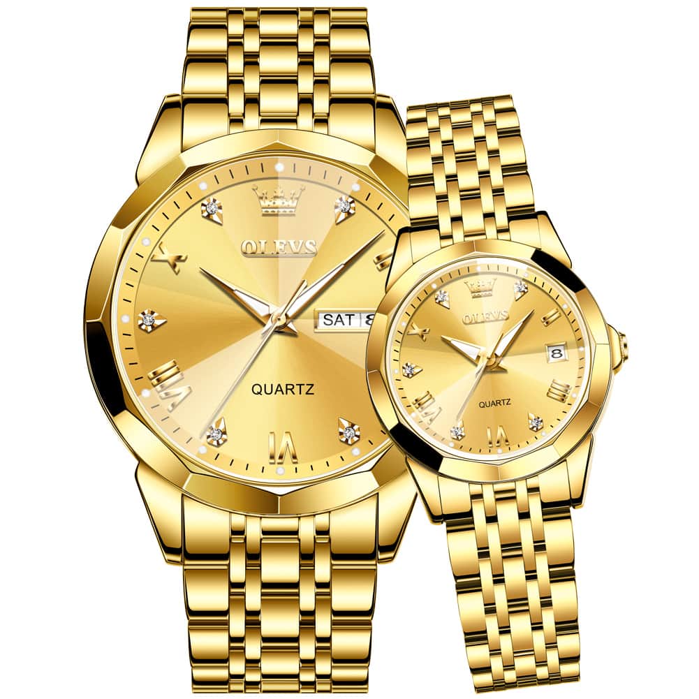 OLEVS 9931 Diamond Stainless Steel Couple Watch Set - Matching All Gold Watch | Olevs Watch Store