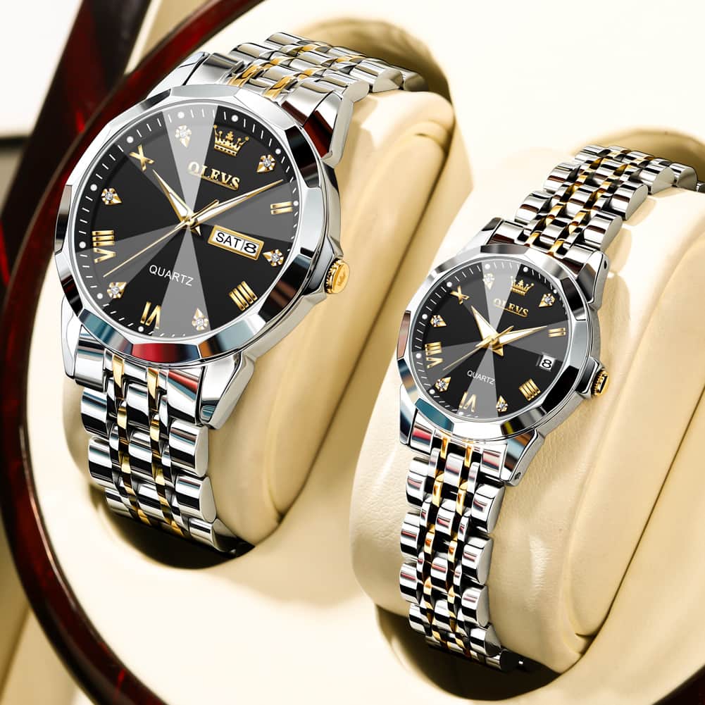 OLEVS 9931 Diamond Stainless Steel Couple Watch Set - Matching Silver Black Watch | Olevs Watch Store