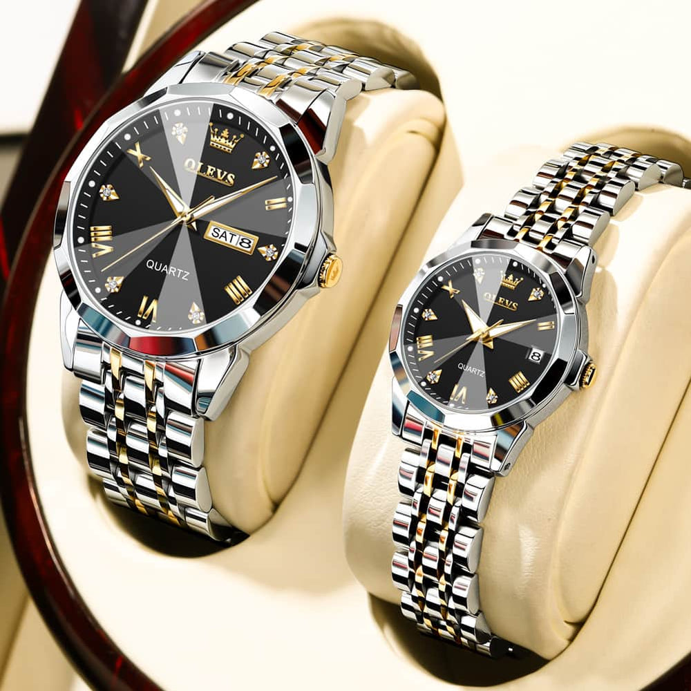 OLEVS 9931 Diamond Stainless Steel Couple Watch Set - Matching Silver Black Watch | Olevs Watch Store