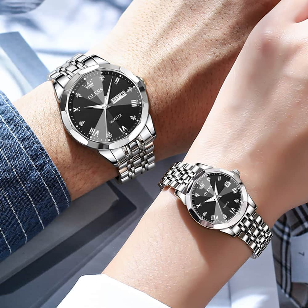 OLEVS 9931 Diamond Stainless Steel Couple Watch Set - Matching Silver Black Watch | Olevs Watch Store