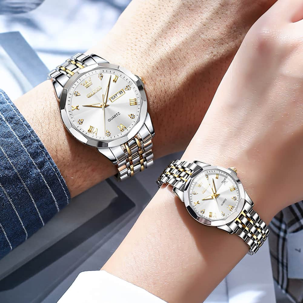 OLEVS 9931 Diamond Stainless Steel Couple Watch Set - Matching Silver Black Watch | Olevs Watch Store
