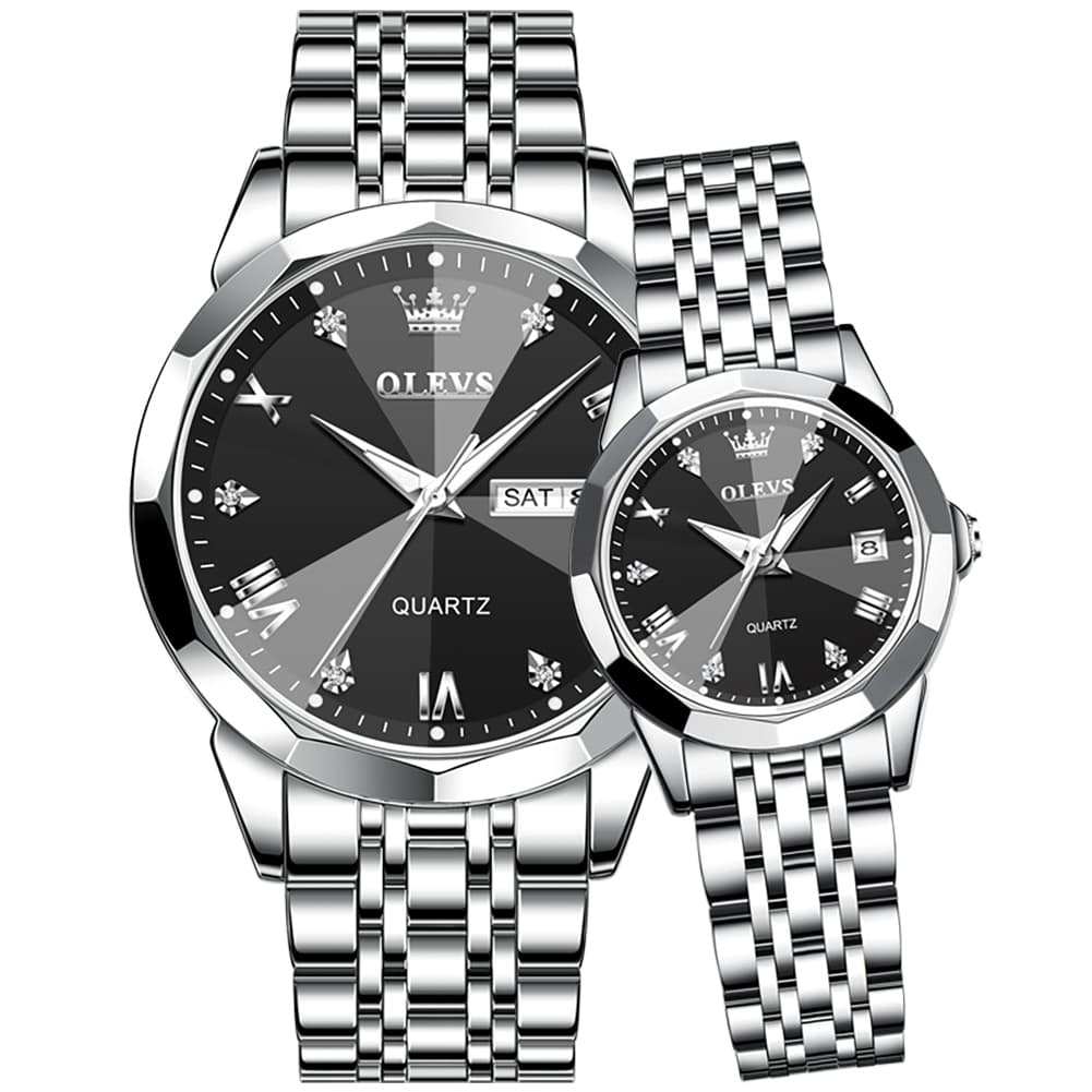 OLEVS 9931 Diamond Stainless Steel Couple Watch Set - Matching Silver Black Watch | Olevs Watch Store