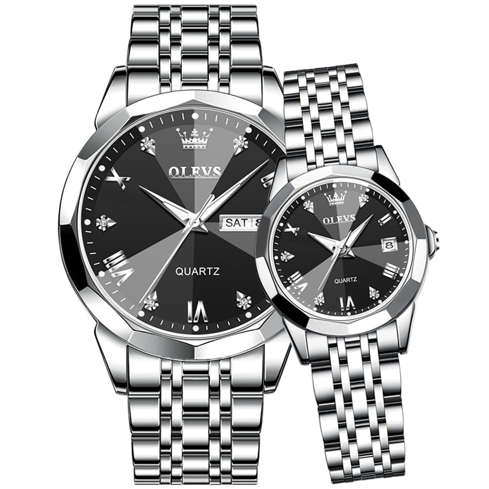 OLEVS 9931 Diamond Stainless Steel Couple Watch Set - Matching Silver Black Watch | Olevs Watch Store