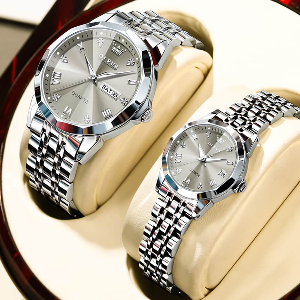 OLEVS 9931 Diamond Stainless Steel Couple Watch Set - Matching Silver Black Watch | Olevs Watch Store