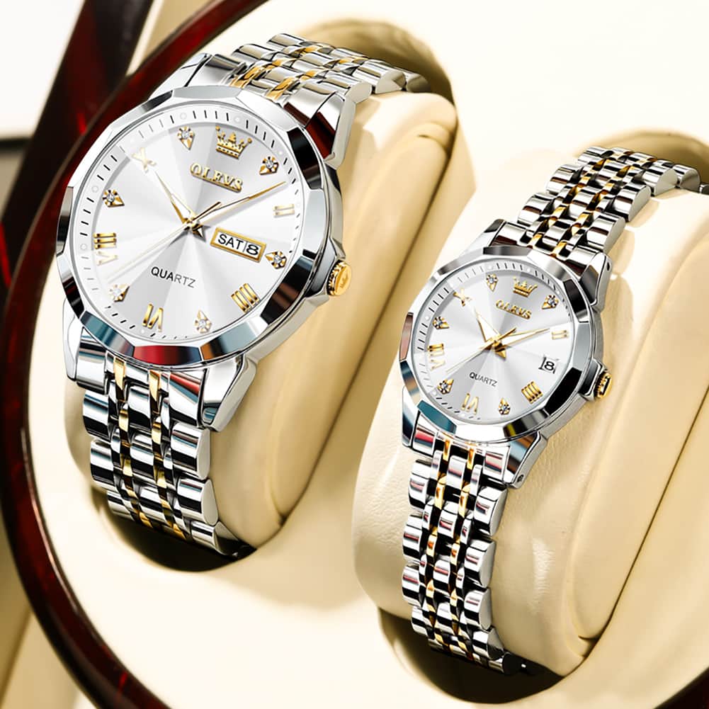 OLEVS 9931 Diamond Stainless Steel Couple Watch Set - Matching Silver Black Watch | Olevs Watch Store
