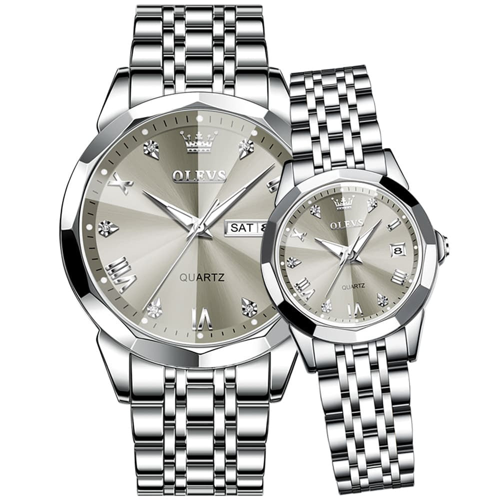 OLEVS 9931 Diamond Stainless Steel Couple Watch Set - Matching Silver Grey Watch | Olevs Watch Store