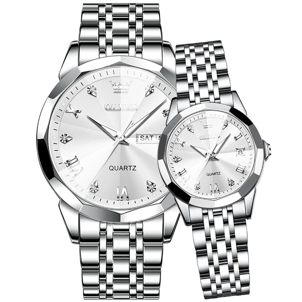 OLEVS 9931 Diamond Stainless Steel Couple Watch Set - Matching Silver White Watch | Olevs Watch Store