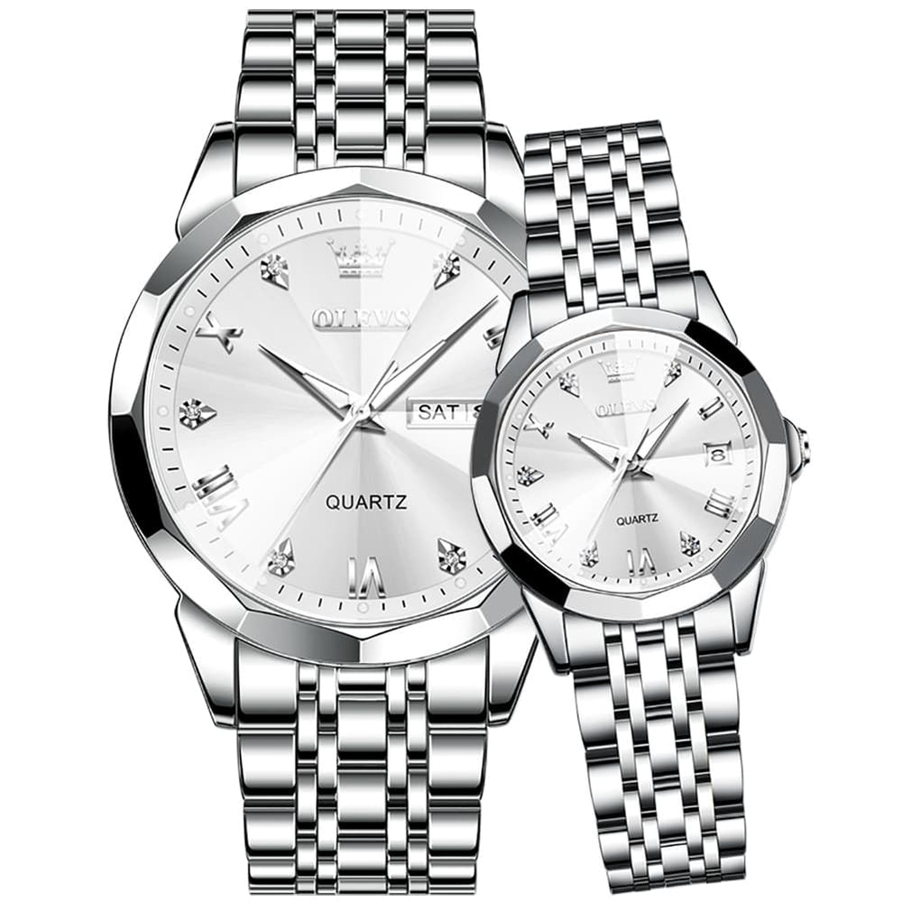 OLEVS 9931 Diamond Stainless Steel Couple Watch Set - Matching Silver White Watch | Olevs Watch Store